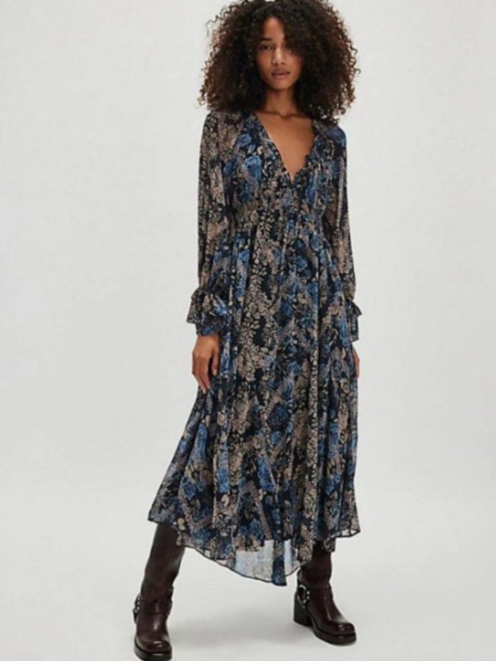 Free People Lena Smoked Midi Maxi Dress Small Blue
